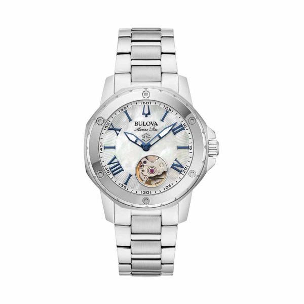 Reloj Bulova Dama Marine Star Automático Plateado y Blanco