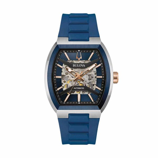 Reloj Bulova Modern Automatic, Bisel Azul y Correa de Silicona