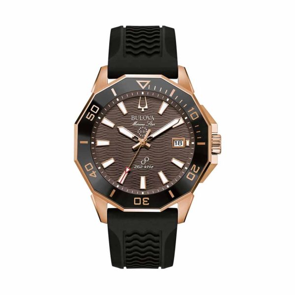 Reloj Bulova Hombre Marine Star Tono Oro Rosa y Correa Negra