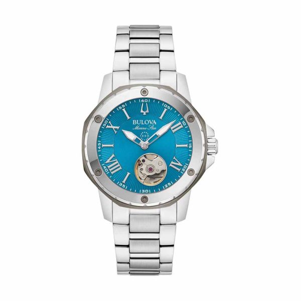Reloj Bulova Dama Marine Star Automático Plateado y Azul